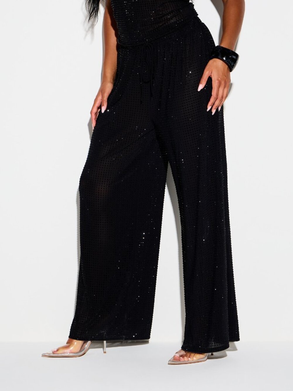 Black Casual Women's Contrast Faux Fur Drawstring Wide Leg Mesh Trouser